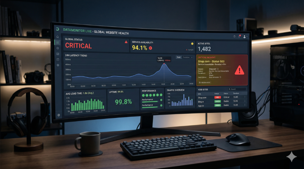 Website Monitoring Dashboard mit Warnung über einen Website-Ausfall