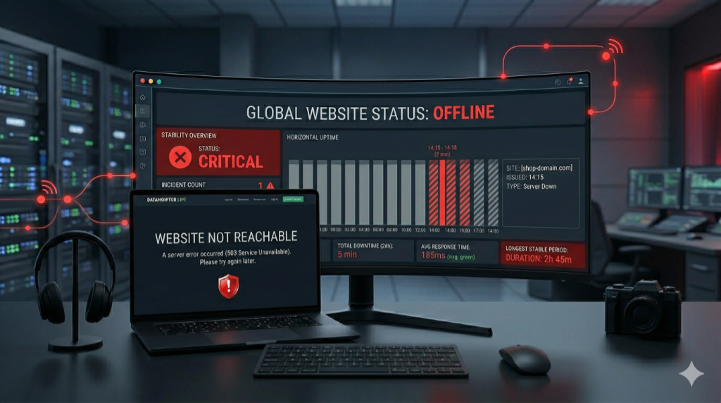 Laptop mit Fehlermeldung Website nicht erreichbar und Monitoring Dashboard