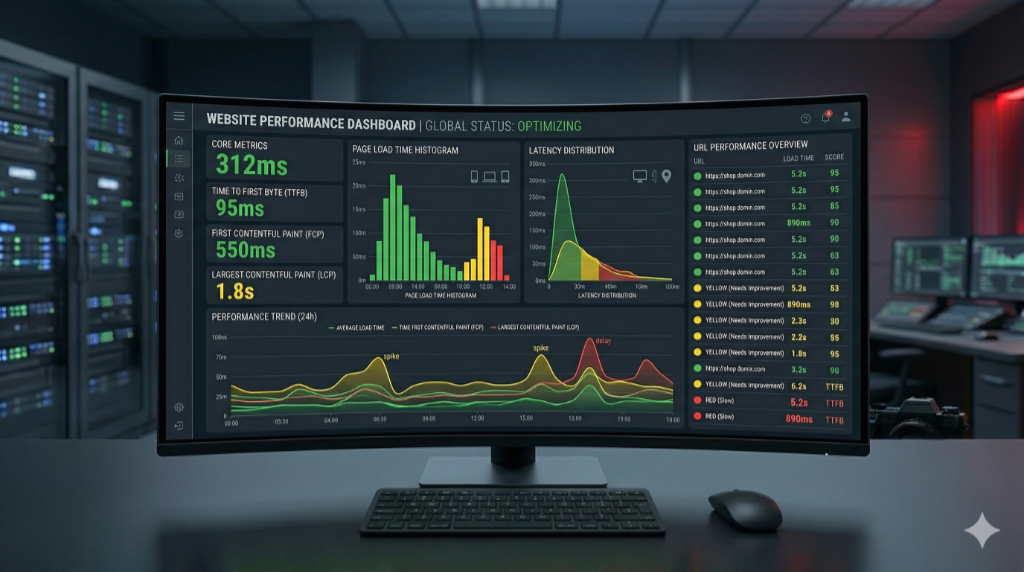 Website Performance Dashboard mit Ladezeit und Geschwindigkeit Analyse